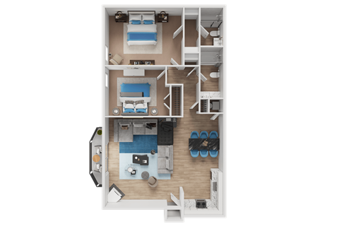 Floor plan for 2 beds, 2 baths, 1000 sqft